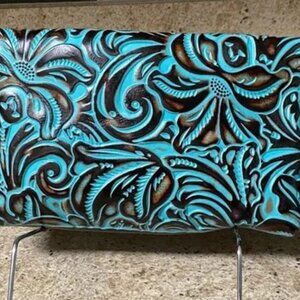 Patricia Nash Turquoise and Brown Embossed Clutch